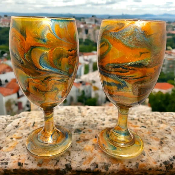 Hand Crafted Other - Orange and Turquoise/ Goblet Set